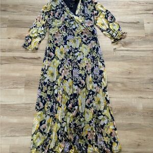 Floral Wrap Maxi Dress - Navy with Yellow & Pink